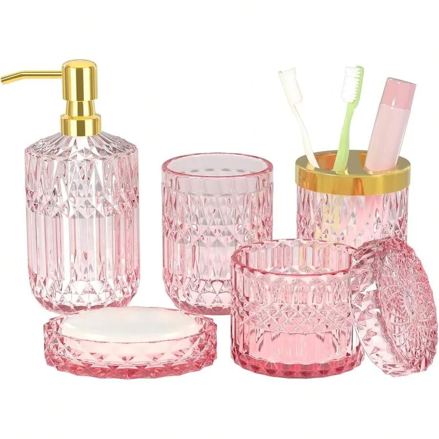5-Piece Pink Diamond-Cut Glass Bathroom Accessories Set, Includes Soap Dispenser, Soap Dish, Toothbrush Holder, Tumbler and Cot
5-Piece Pink Diamond-Cut Glass Bathroom Accessories Set, Includes Soap Dispenser, Soap Dish, Toothbrush Holder, Tumbler and Cot