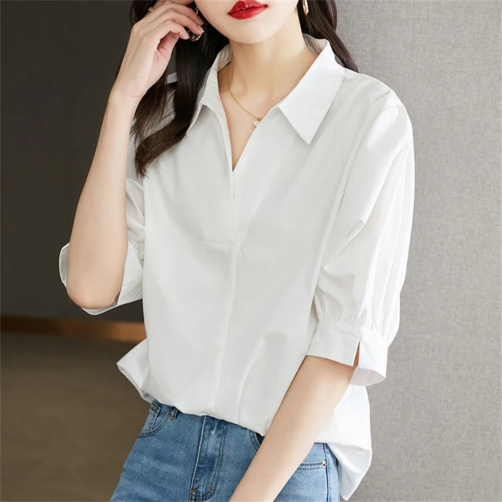 White Shirt Women's Mid-sleeved Summer Korean V-neck Pullover Femme Temperament Cotton Blouses Office Ladies Daily Elegant Tops
White Shirt Women's Mid-sleeved Summer Korean V-neck Pullover Femme Temperament Cotton Blouses Office Ladies Daily Elegant Tops