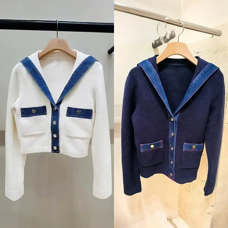 High-End Version Navy Sle Knitted Denim Patchwork Outerwear Top Light Colored Open Cardigan Sweater for Women
High-End Version Navy Sle Knitted Denim Patchwork Outerwear Top Light Colored Open Cardigan Sweater for Women