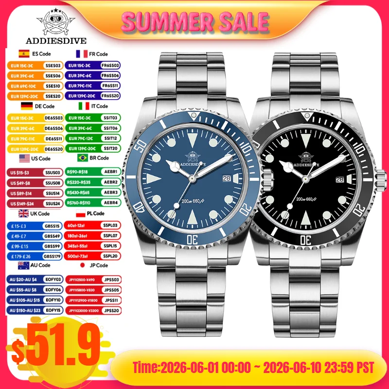 ADDIESDIVE 39mm Men's Watches AD2068 316L Steel BGW9 Super Luminous 20Bar Waterproof Display Calendar Quartz Watches
ADDIESDIVE 39mm Men's Watches AD2068 316L Steel BGW9 Super Luminous 20Bar Waterproof Display Calendar Quartz Watches