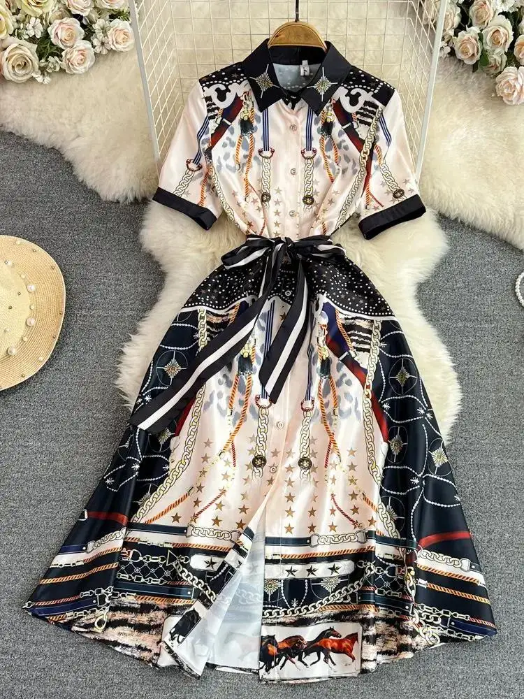 Women's Star Chain Horse Printed Single Breasted Sashes Lace Up Midi Dress 2024 Summer Vintage Short Sleeve Lapel Shirt Vestidos
Women's Star Chain Horse Printed Single Breasted Sashes Lace Up Midi Dress 2024 Summer Vintage Short Sleeve Lapel Shirt Vestidos