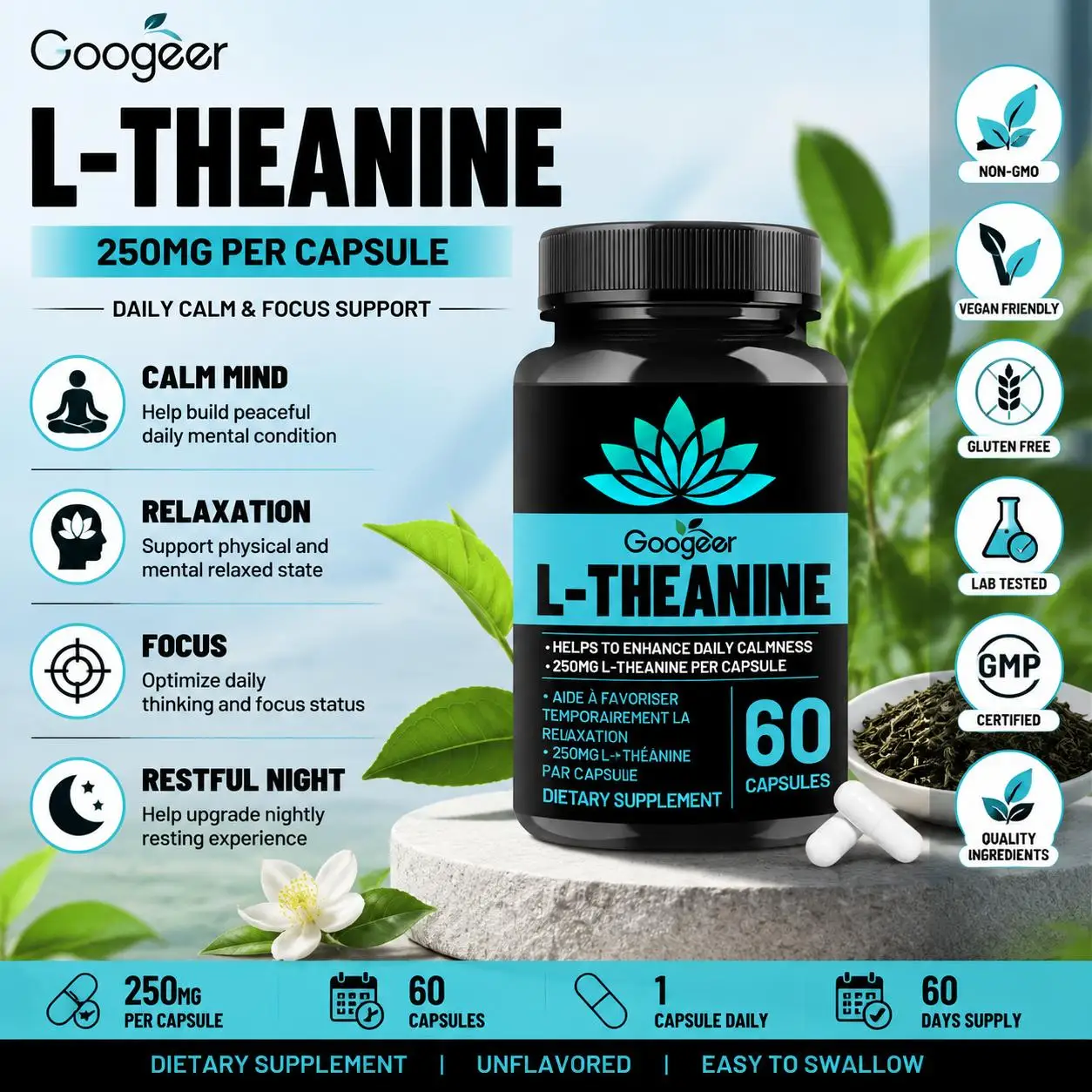 Googeer L-Theanine 250mg Capsules 60 Count Stress Support Calm Focus Night Relaxation Vegan Non GMO Daily Wellness Supplement
Googeer L-Theanine 250mg Capsules 60 Count Stress Support Calm Focus Night Relaxation Vegan Non GMO Daily Wellness Supplement