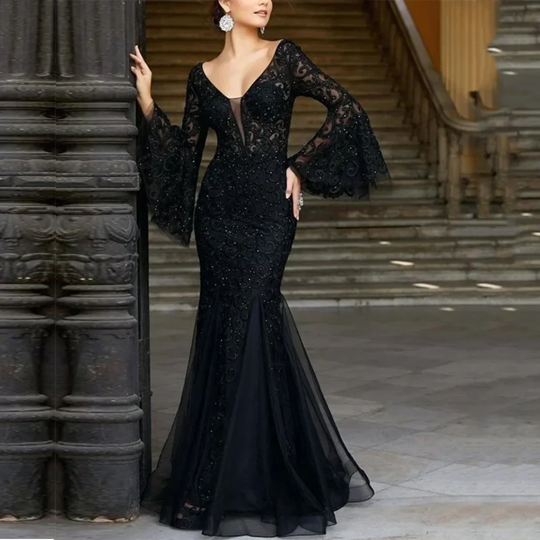 Women Autumn Evening Dress New Elegant Sexy Slim Lace Fishtail Party Black Solid Color V-neck Trumpet Sleeves Casual Fashion
Women Autumn Evening Dress New Elegant Sexy Slim Lace Fishtail Party Black Solid Color V-neck Trumpet Sleeves Casual Fashion