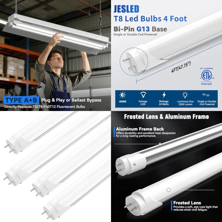 T8 LED Bulbs 4 Feet, 24W 3200LM, 6000K, Type A+B T10 T12 Fluorescent Light Bulbs, Plug and Play or Ballast Bypass, Single or Do
T8 LED Bulbs 4 Feet, 24W 3200LM, 6000K, Type A+B T10 T12 Fluorescent Light Bulbs, Plug and Play or Ballast Bypass, Single or Do