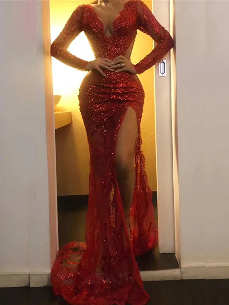 Sexy Sparkly Summer Red Prom Dress Long Sleeve Sequined V-Neck Backless High Slit Floor Length Evening Gowns For Women Vestidos 
Sexy Sparkly Summer Red Prom Dress Long Sleeve Sequined V-Neck Backless High Slit Floor Length Evening Gowns For Women Vestidos