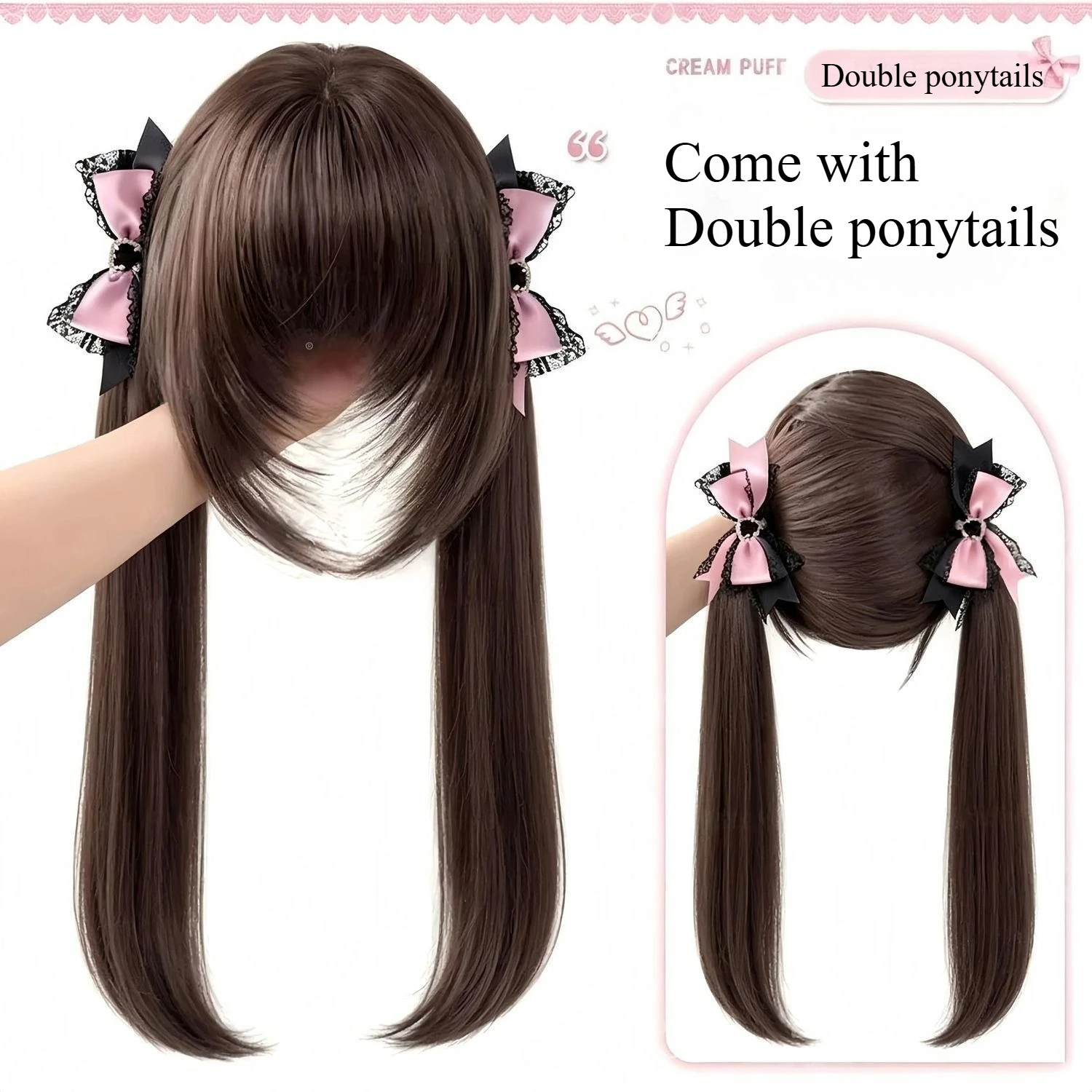 Cream Puff Style Chocolate Brown Long Straight Twin Ponytail Wig with Bangs Synthetic Lolita Wig for Daily Cosplay Photography
Cream Puff Style Chocolate Brown Long Straight Twin Ponytail Wig with Bangs Synthetic Lolita Wig for Daily Cosplay Photography