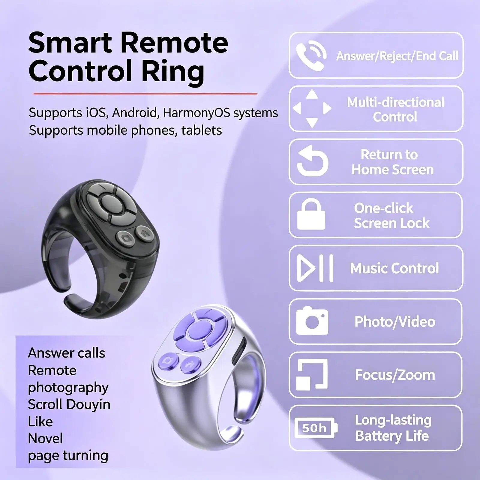Multifunctional Wireless Bluetooth Remote Control Ring Air Mouse Short Video Browse Camera Shutter Page Flip Music Adjust Phone