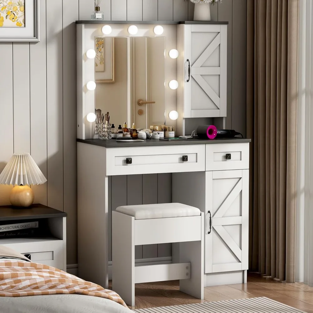 31.5" Makeup Vanity Desk with Mirror and Light, Farmhouse Vanity with 2 Drawer&Power Outlet, 3 Color Lighting Modes, Bedroom Van
31.5" Makeup Vanity Desk with Mirror and Light, Farmhouse Vanity with 2 Drawer&Power Outlet, 3 Color Lighting Modes, Bedroom Van