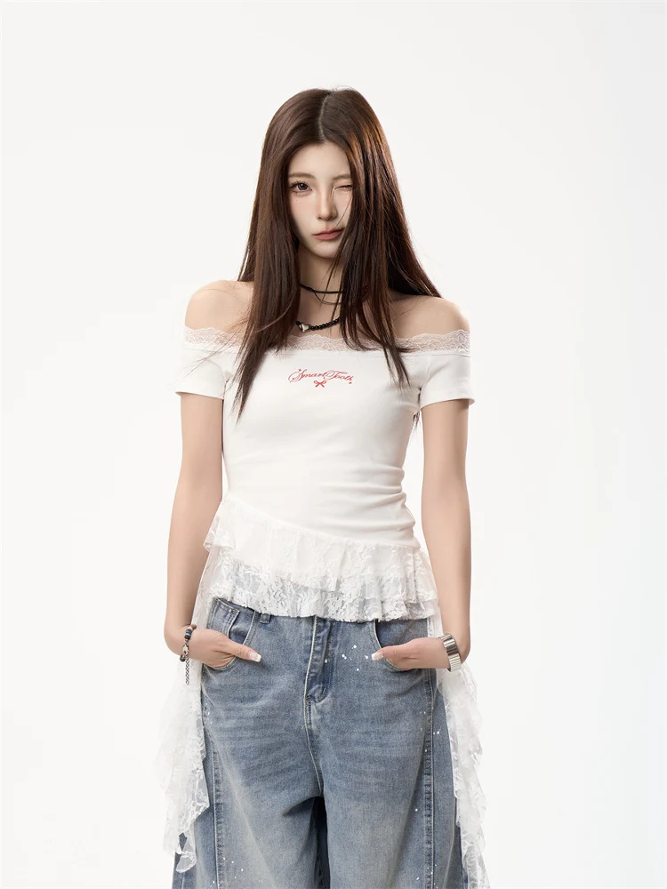 Retro American Spicy Girl Lace Splicing Asymmetrical Tassel Short Sleeve One Shoulder T-Shirt Short Style Top for Women
Retro American Spicy Girl Lace Splicing Asymmetrical Tassel Short Sleeve One Shoulder T-Shirt Short Style Top for Women