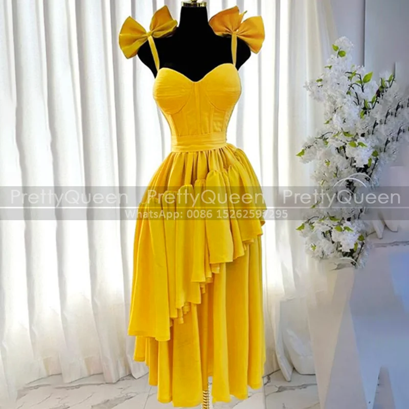 Tiered A Line Bridesmaid Dresses With Bows Spaghetti Straps Customized Long Gold Yellow Wedding Party Dress
Tiered A Line Bridesmaid Dresses With Bows Spaghetti Straps Customized Long Gold Yellow Wedding Party Dress