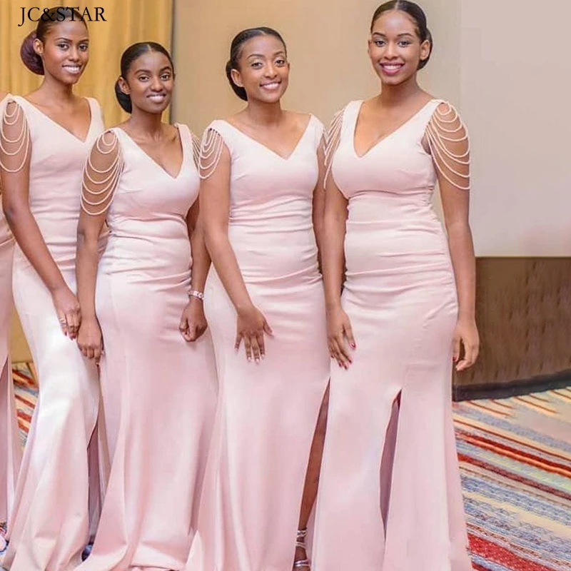 Pink Mermaid Bridesmaid Dress For Weddings Long Hip Slit Vestidos Elegantes Para Mujer Party Night Robe Fringed Sleeves Elbise
Pink Mermaid Bridesmaid Dress For Weddings Long Hip Slit Vestidos Elegantes Para Mujer Party Night Robe Fringed Sleeves Elbise