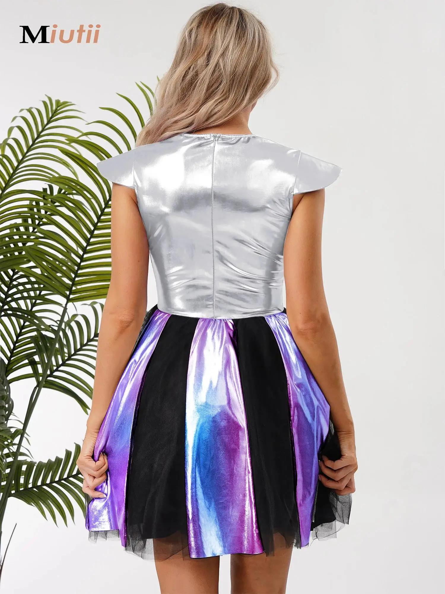 Women Shiny Alien Outerspace Halloween Cosplay Costume Color Block Zip Neck Dance Puffy Dress for Future World Themed Party
Women Shiny Alien Outerspace Halloween Cosplay Costume Color Block Zip Neck Dance Puffy Dress for Future World Themed Party