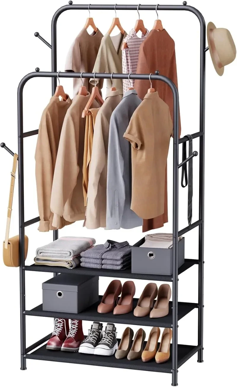 Double Rods Clothing Garment Rack with 3-Tier Storage Shelf,Clothes Rack for Hanging Clothes with 4 Side Hooks,Metal Frame
Double Rods Clothing Garment Rack with 3-Tier Storage Shelf,Clothes Rack for Hanging Clothes with 4 Side Hooks,Metal Frame