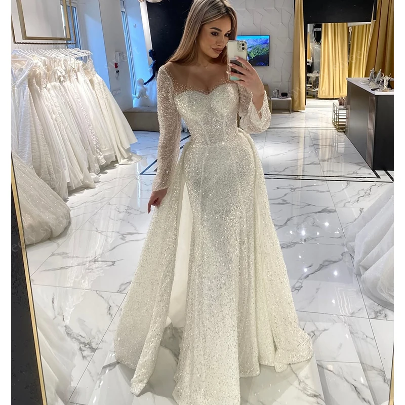 Luxurious Detachable Train Wedding Dress Fully Beaded Mermaid Ballgown Full Sleeve O-Neck Customized Bridedress Vestido De Novia
Luxurious Detachable Train Wedding Dress Fully Beaded Mermaid Ballgown Full Sleeve O-Neck Customized Bridedress Vestido De Novia