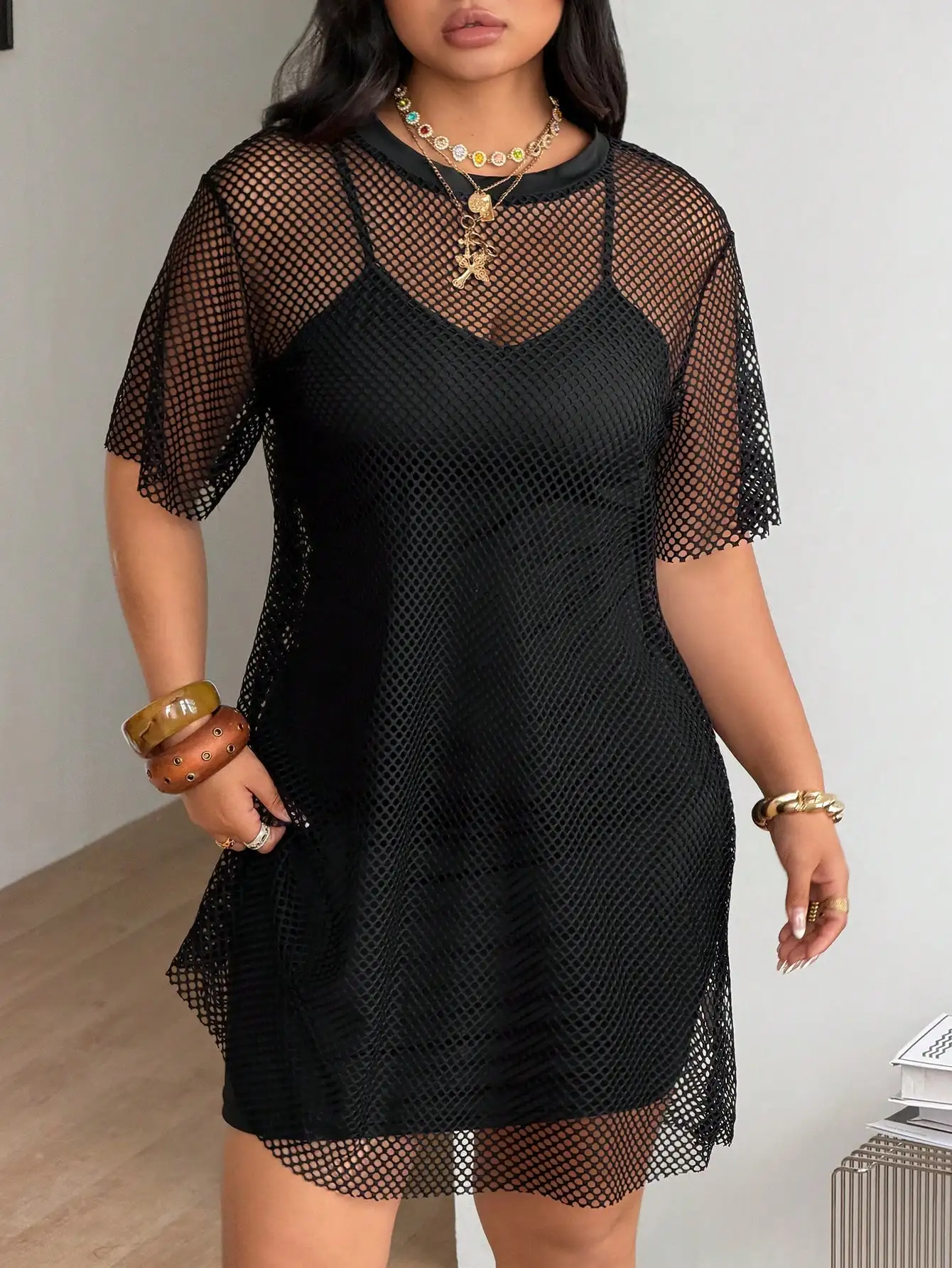 Black Mesh Two Piece Set Loose Short Sleeve Dress Camisole Sexy Club Beach Outfit
Black Mesh Two Piece Set Loose Short Sleeve Dress Camisole Sexy Club Beach Outfit