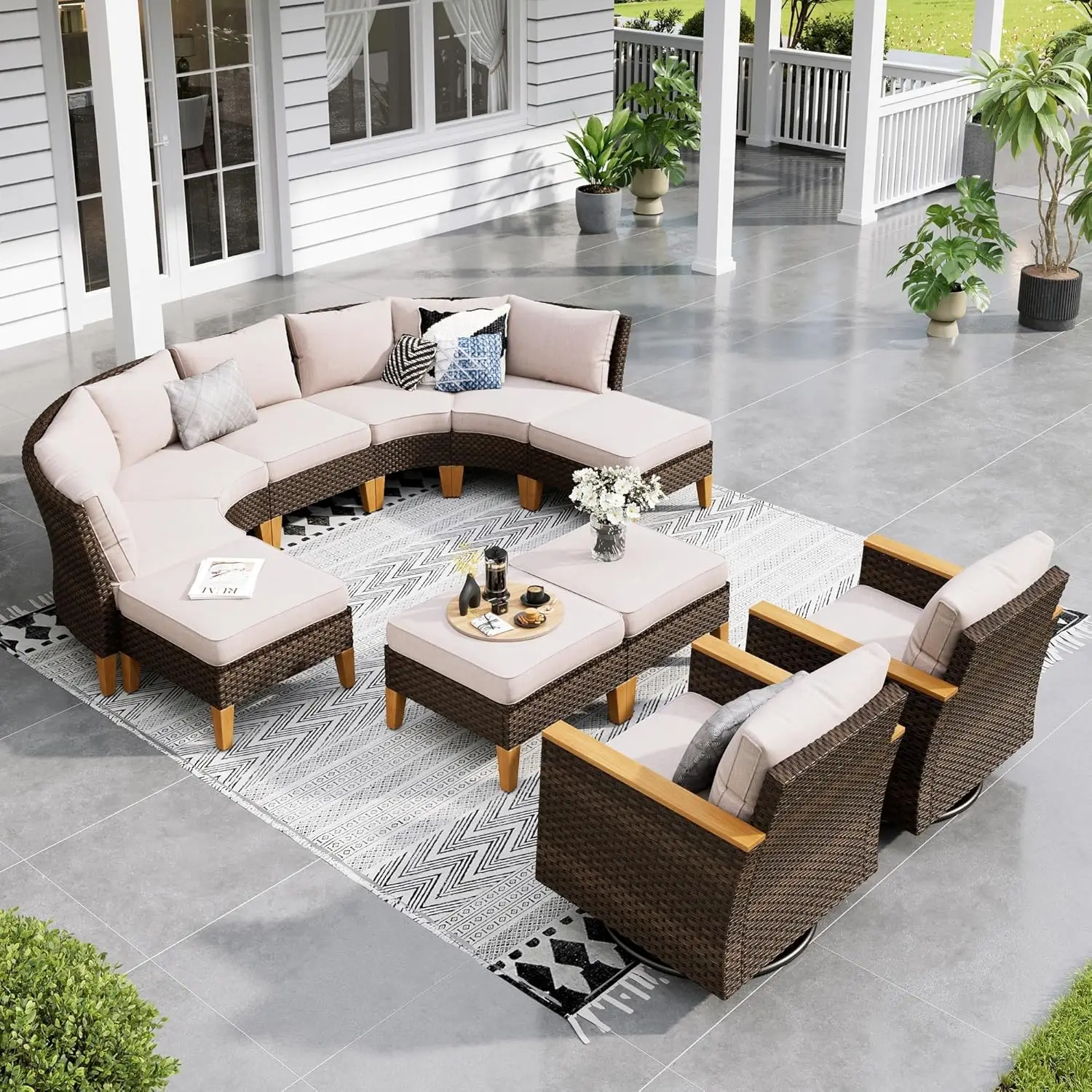 Half Moon Outdoor Sectional Furniture with High Back Swivel Rocker Chairs, 11PCS Wicker Patio Conversation Set, Beige
Half Moon Outdoor Sectional Furniture with High Back Swivel Rocker Chairs, 11PCS Wicker Patio Conversation Set, Beige