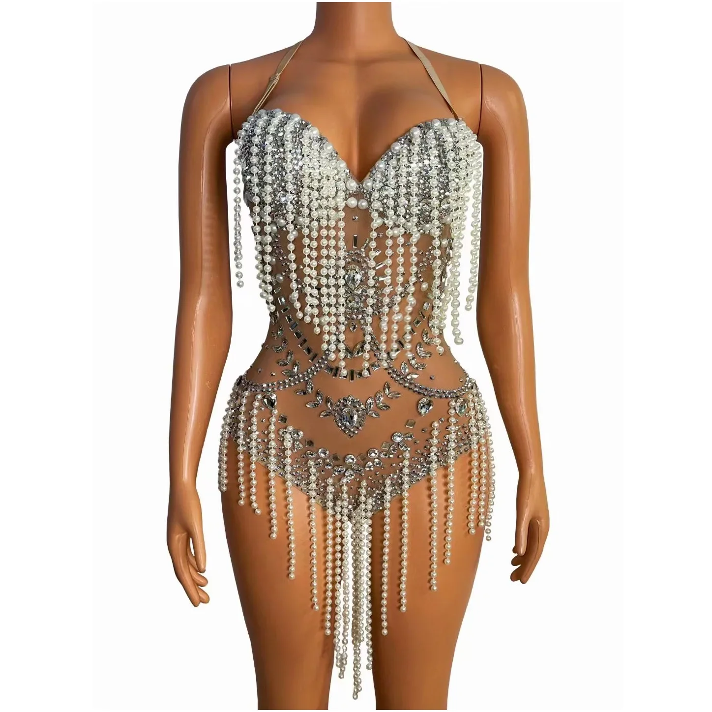 Nude Halter Sexy Backless Shining Rhinestones Pearls Beading Bodysuits For Women Nightclub Party Clothing Pole Prom Costume
Nude Halter Sexy Backless Shining Rhinestones Pearls Beading Bodysuits For Women Nightclub Party Clothing Pole Prom Costume