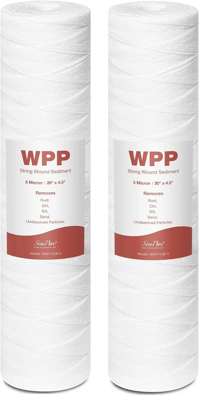 20x4.5 Inch 5 Micron String Wound Sediment Water Filter Cartridge, Whole House Well Water Replacement for Sediment, Rust, Sand, Fits Standard 20" Housings (2 Pack)
20x4.5 Inch 5 Micron String Wound Sediment Water Filter Cartridge, Whole House Well Water Replacement for Sediment, Rust, Sand, Fits Standard 20" Housings (2 Pack)