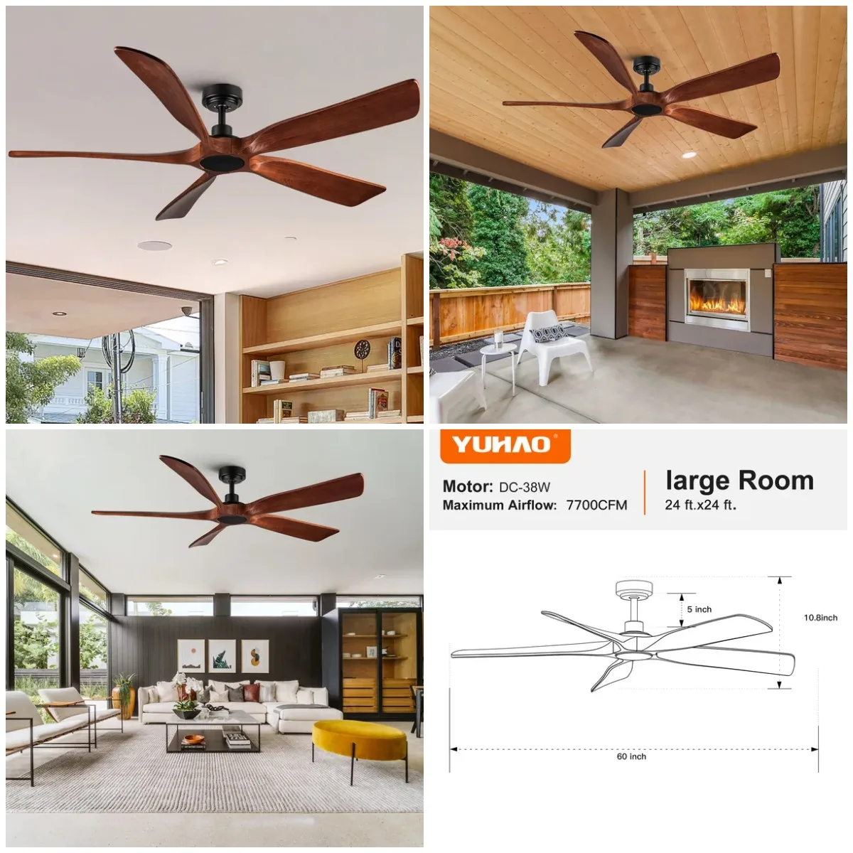 YUHAO 60 in. Indoor Farmhouse Brown Walnut Wood Ceiling Fan with Remote Control for Living Room or Patio
YUHAO 60 in. Indoor Farmhouse Brown Walnut Wood Ceiling Fan with Remote Control for Living Room or Patio