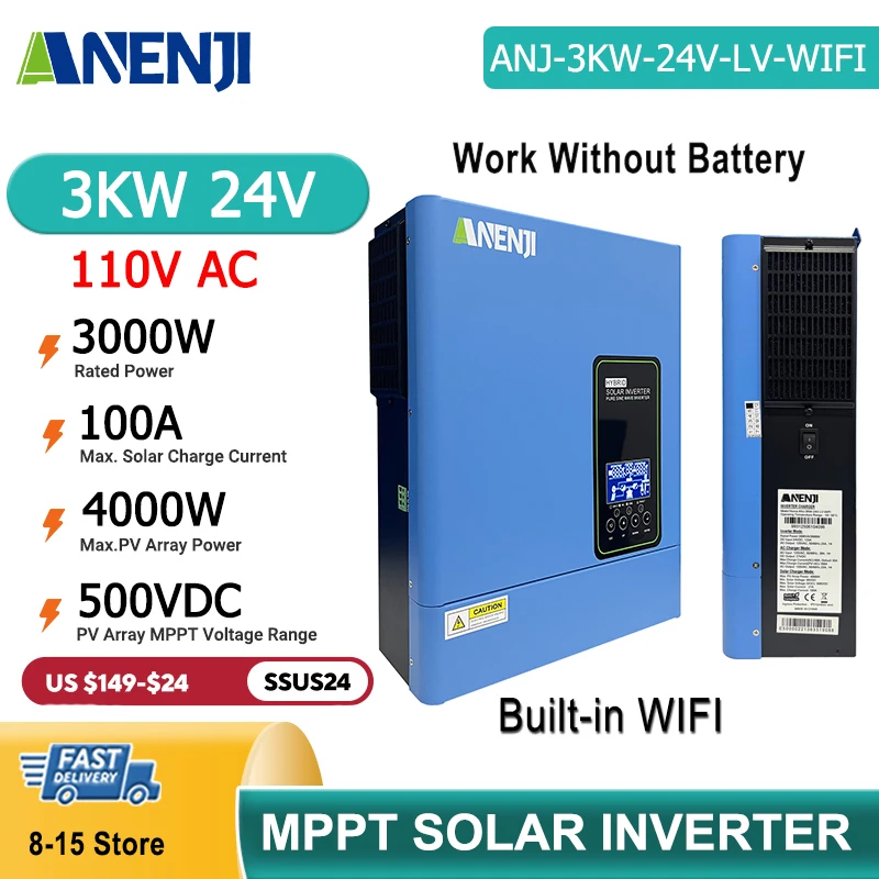 ANENJI 3KW 24V 110V Off Grid Hybrid Inverter MPPT 100A 500VDC PV 4000W Solar Charger Pure Sine Wave Inverter for Home
ANENJI 3KW 24V 110V Off Grid Hybrid Inverter MPPT 100A 500VDC PV 4000W Solar Charger Pure Sine Wave Inverter for Home