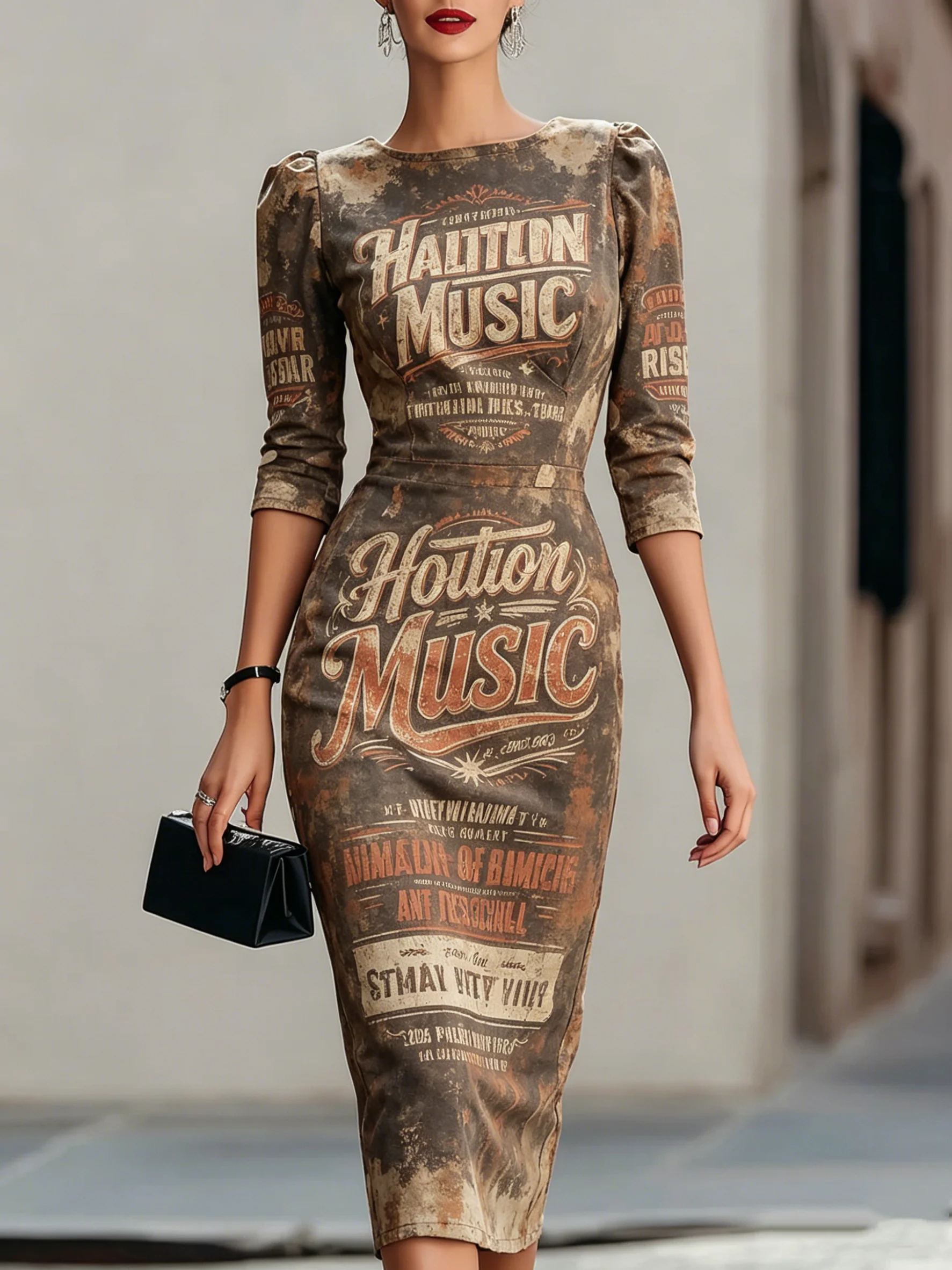 Women's Vintage Distressed Letter Print Bodycon Midi Dress For Wome Round Neck 3/4 Sleeve Retro Street Casual Slim Pencil Dress
Women's Vintage Distressed Letter Print Bodycon Midi Dress For Wome Round Neck 3/4 Sleeve Retro Street Casual Slim Pencil Dress