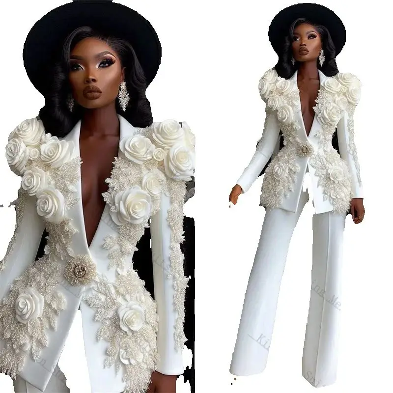 Luxury White Women Suit Pants Sey 2 Pieces Blazer+Trousers 3D Flower Customized Formal Office Lady Wedding Tuxedos Party Gown 
Luxury White Women Suit Pants Sey 2 Pieces Blazer+Trousers 3D Flower Customized Formal Office Lady Wedding Tuxedos Party Gown