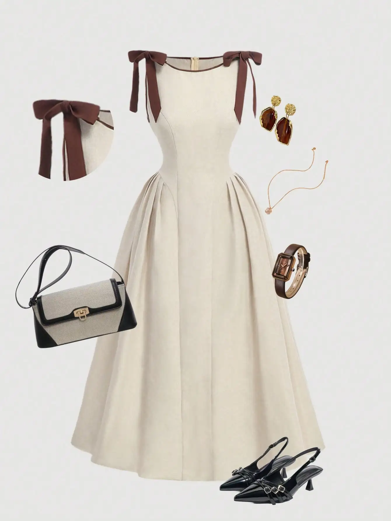 Cream A-Line Sleeveless Dress with Brown Bow Neck, Flared Hem, Casual Elegance
Cream A-Line Sleeveless Dress with Brown Bow Neck, Flared Hem, Casual Elegance