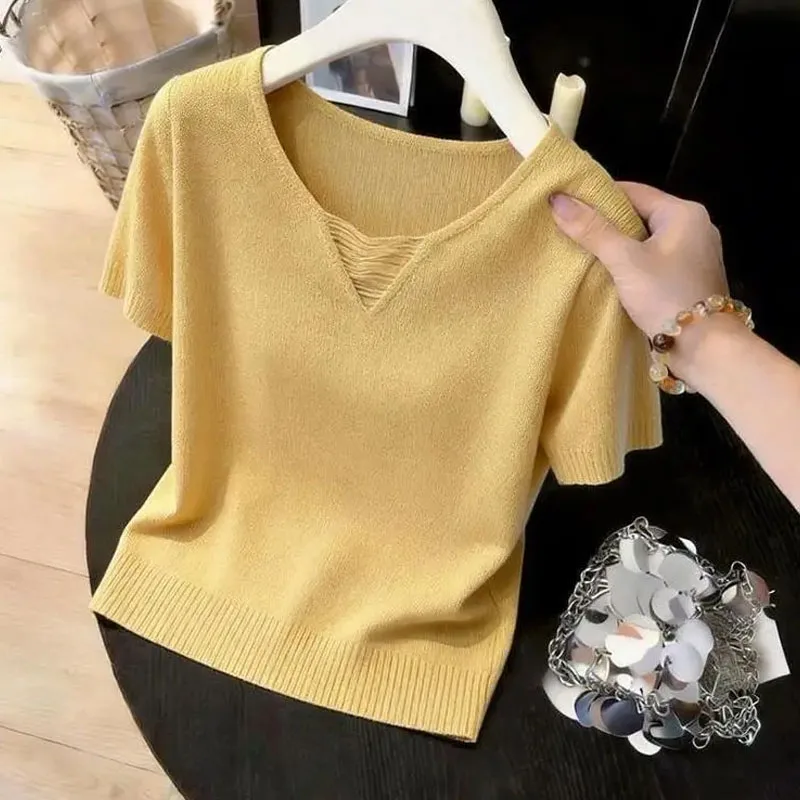 Fashion Short Sleeve Knitted Sweater Women Pullovers Summer Unique O-Neck Knit Sweater Pullover Women Tops Sueter Feminino Q3943
Fashion Short Sleeve Knitted Sweater Women Pullovers Summer Unique O-Neck Knit Sweater Pullover Women Tops Sueter Feminino Q3943