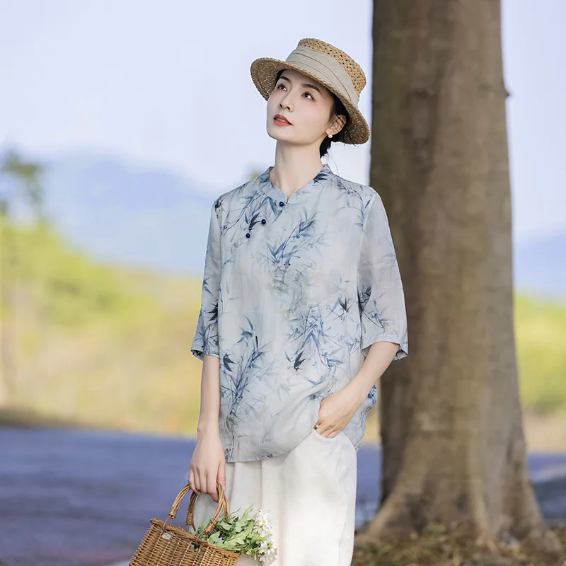 Chinese style retro niche unique design stand-up collar diagonal placket button shirt ramie printed top women's fashion casual v
Chinese style retro niche unique design stand-up collar diagonal placket button shirt ramie printed top women's fashion casual v