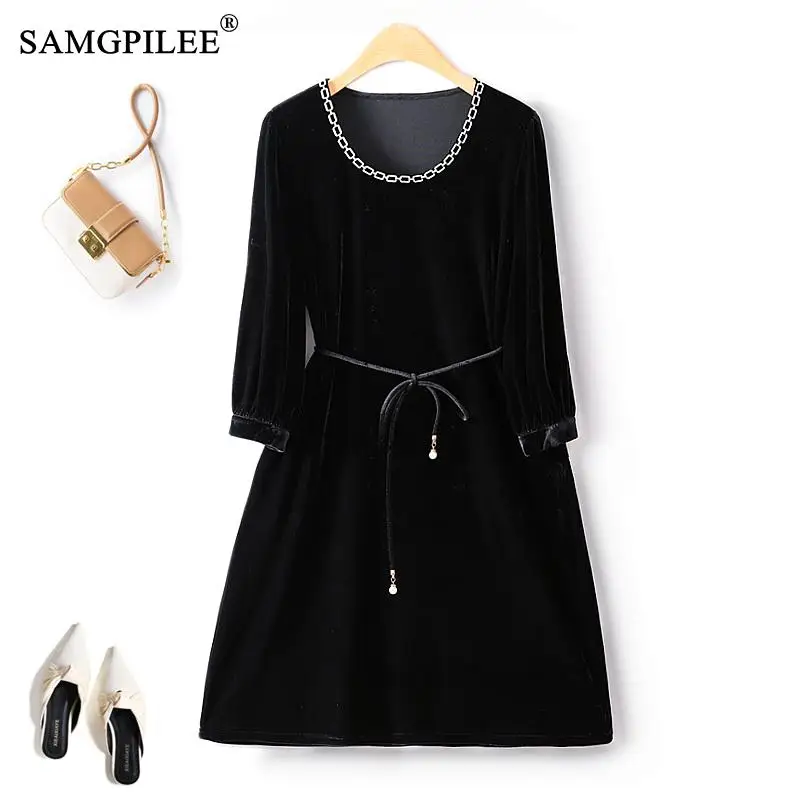 2023 Autumn Winter Light Luxury European Chain Decorative Collar Three Quarter Sleeves Waist Belt Mid Length Velvet Female Dress
2023 Autumn Winter Light Luxury European Chain Decorative Collar Three Quarter Sleeves Waist Belt Mid Length Velvet Female Dress