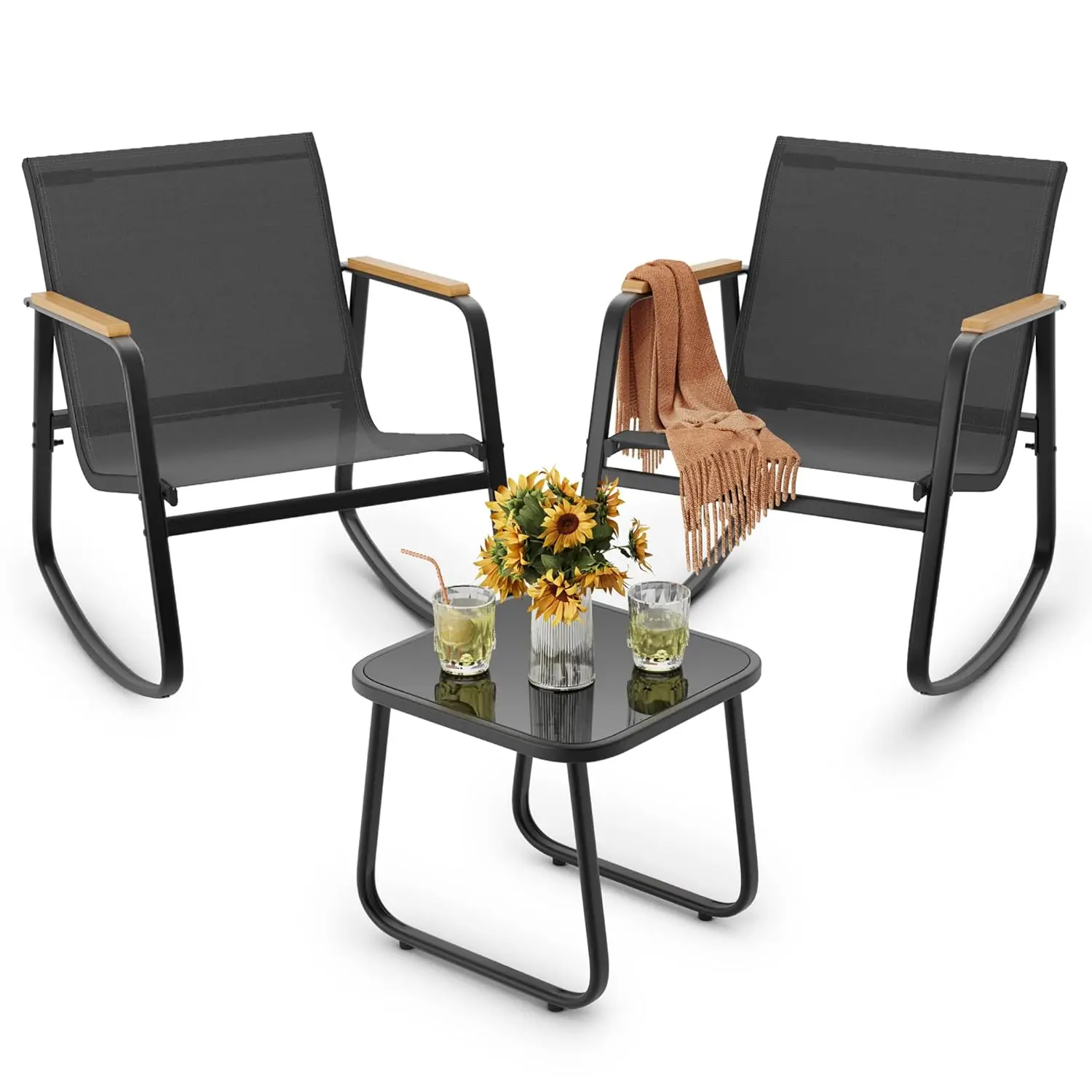 3 Pieces Patio Furniture Set Textilene Fabric Outdoor Patio Rocking Bistro Set with Wooden Armrests and Coffee, Customized
3 Pieces Patio Furniture Set Textilene Fabric Outdoor Patio Rocking Bistro Set with Wooden Armrests and Coffee, Customized