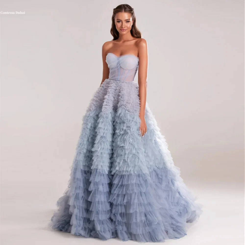Contessa Dubai Blue Multi-Layered Extravagant Wedding Dress Mesh Fabric vestidos de noche Strapless فساتين سهرة Customized 2025
Contessa Dubai Blue Multi-Layered Extravagant Wedding Dress Mesh Fabric vestidos de noche Strapless فساتين سهرة Customized 2025