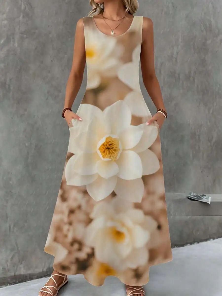 Sleeveless Maxi Dress Beige White Floral Print Summer Beach Vacation Wear
Sleeveless Maxi Dress Beige White Floral Print Summer Beach Vacation Wear