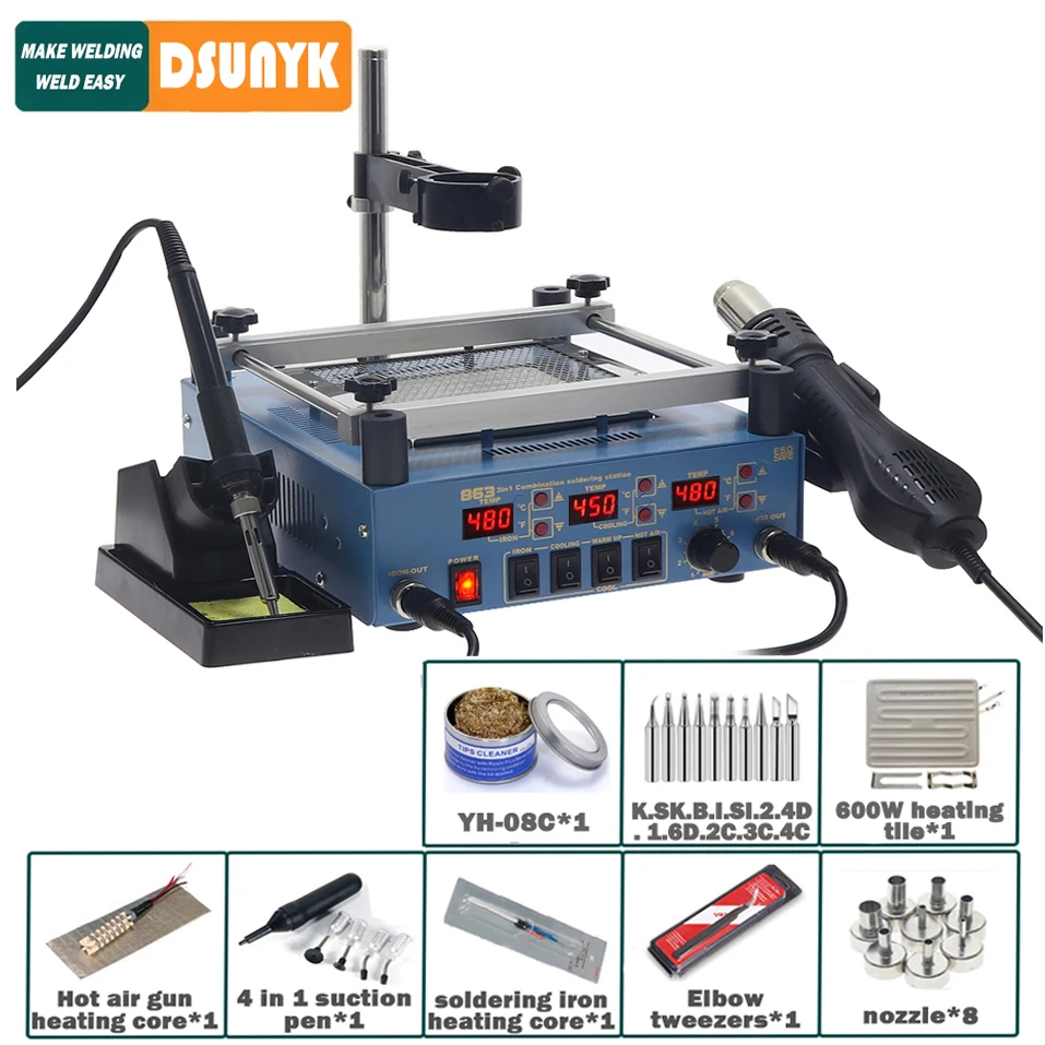 863 Soldering Station 3 in 1 Bga Rework Station PCB Preheater Soldering Station Iron Heat Gun Welding Station Phone Repair Tools
863 Soldering Station 3 in 1 Bga Rework Station PCB Preheater Soldering Station Iron Heat Gun Welding Station Phone Repair Tools
