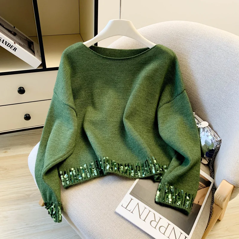 Retro Green Splicing Sequins Pullover Sweater for Women Chic Round Neck Long Sleeve Loose Knitwear Elegant Fashion Female Tops
Retro Green Splicing Sequins Pullover Sweater for Women Chic Round Neck Long Sleeve Loose Knitwear Elegant Fashion Female Tops