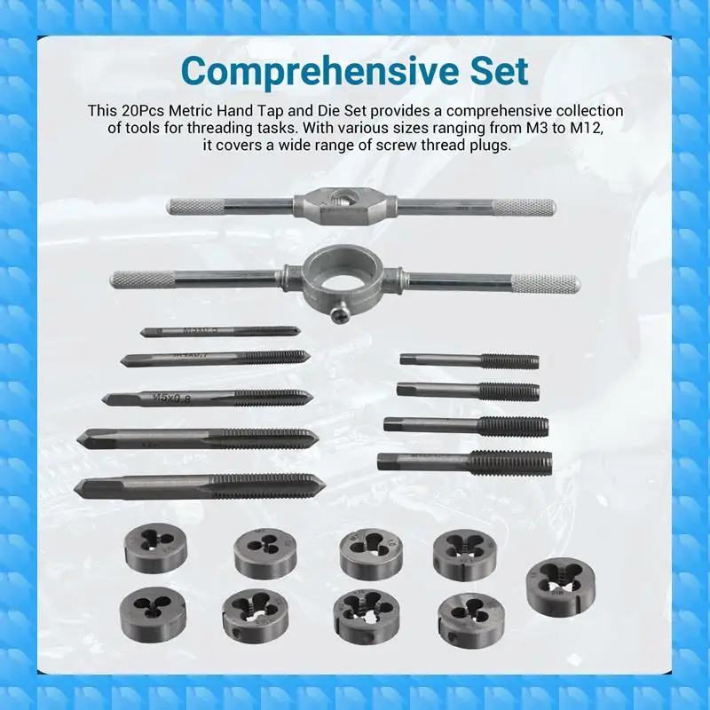 ETRT 20Pcs Metric Hand Tap And Die Set M3-M12 Screw Thread Plugs Straight Taper Reamer Tools
ETRT 20Pcs Metric Hand Tap And Die Set M3-M12 Screw Thread Plugs Straight Taper Reamer Tools