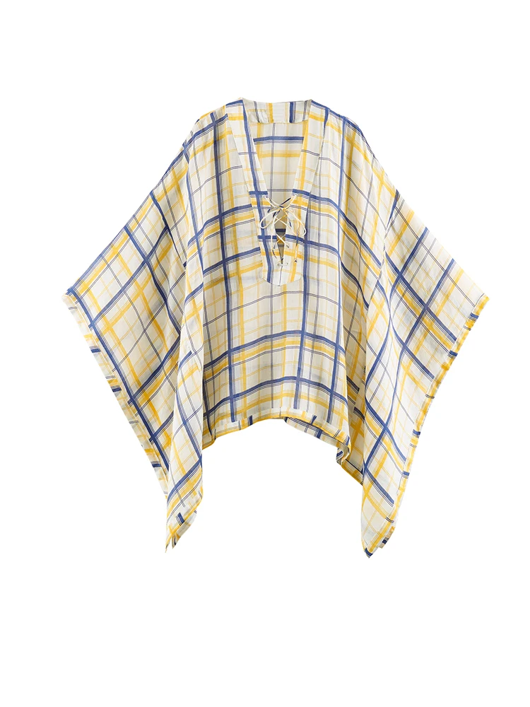 Yellow & Blue Plaid Oversized Kaftan Blouse Lace-Up V-Neck Batwing Sleeve Tunic Tops
Yellow & Blue Plaid Oversized Kaftan Blouse Lace-Up V-Neck Batwing Sleeve Tunic Tops