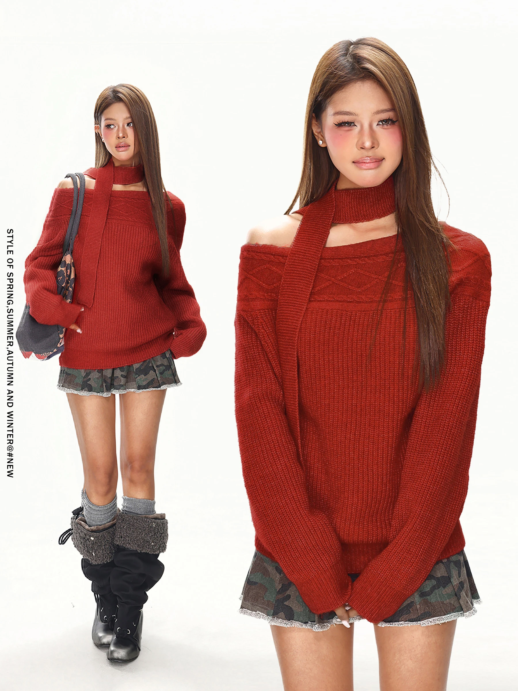 Loose Casual Shoulder Bared Knitted Sweater for Women in Red Casual Loose Style November Collection Spring Autumn Seasonal Wear
Loose Casual Shoulder Bared Knitted Sweater for Women in Red Casual Loose Style November Collection Spring Autumn Seasonal Wear