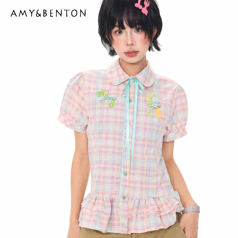 Korean Design Girl Bow Strap Embroidered Plaid Women's Short-sleeved Shirt 2026 Summer New Sweet Cute Slim-fitting Shirts Ladies
Korean Design Girl Bow Strap Embroidered Plaid Women's Short-sleeved Shirt 2026 Summer New Sweet Cute Slim-fitting Shirts Ladies