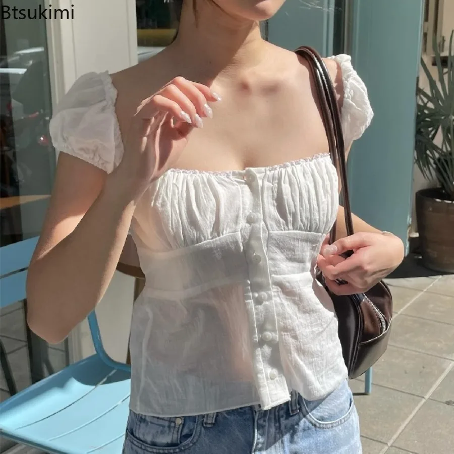 New 2025 Women's Summer Shirts Cotton Solid Color Button Down T-Shirts Puff Cap Sleeve Square Neck Ruched Bust Slim Crop Tops
New 2025 Women's Summer Shirts Cotton Solid Color Button Down T-Shirts Puff Cap Sleeve Square Neck Ruched Bust Slim Crop Tops