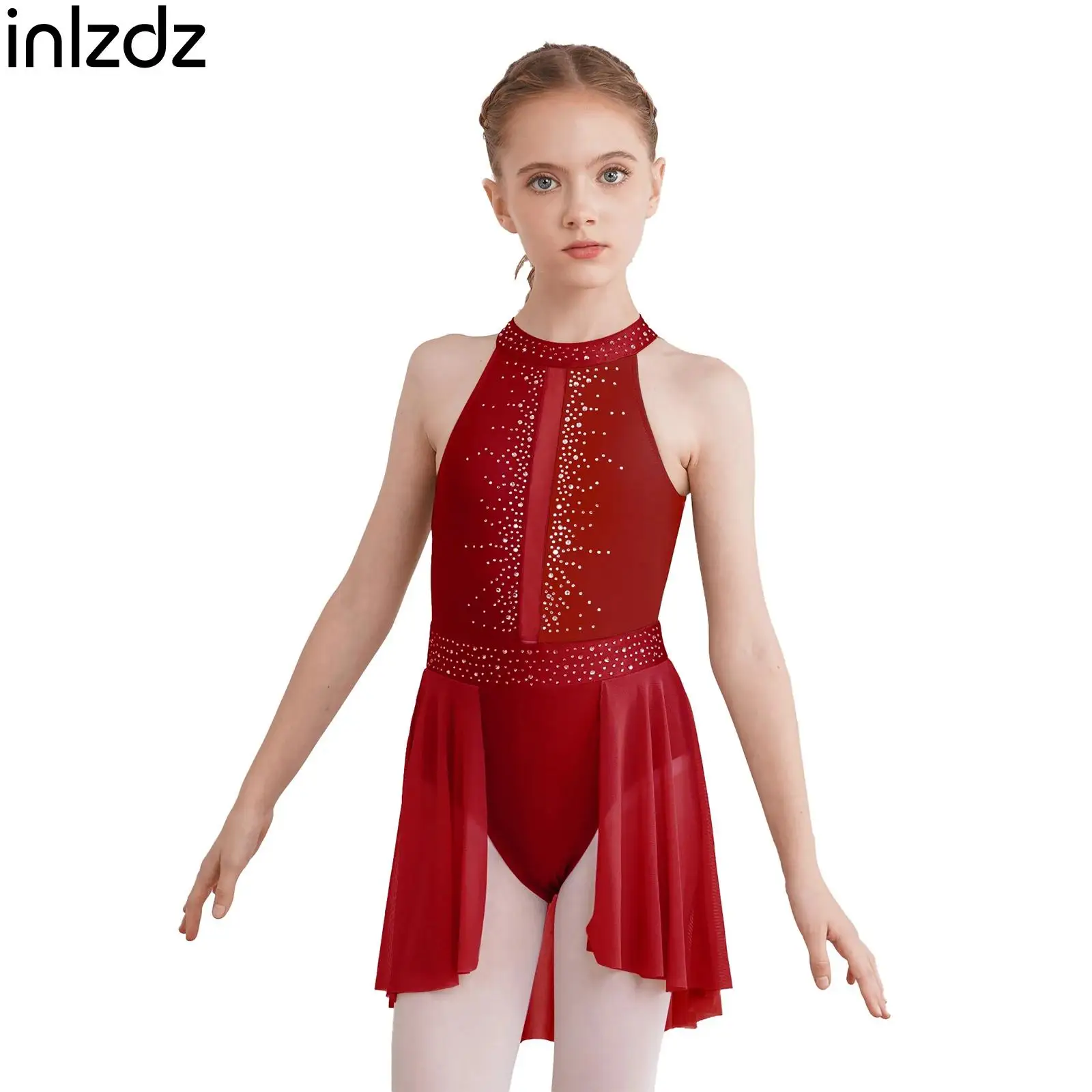 Kids Girls Sleeveless Mock Neck Shiny Rhinestones Decorated Cutout Back Leotard Dress for Dance Performance Competition
Kids Girls Sleeveless Mock Neck Shiny Rhinestones Decorated Cutout Back Leotard Dress for Dance Performance Competition