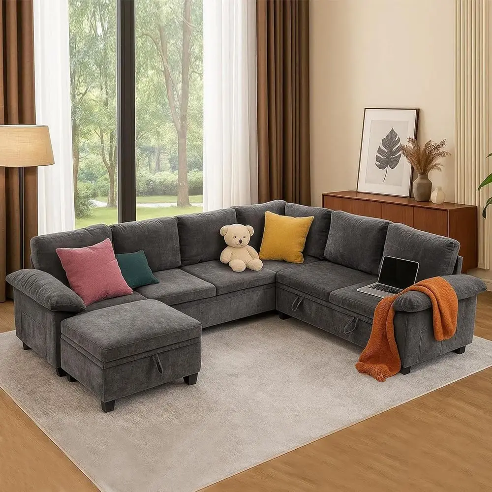 7-Seat Grey L-Shaped Sectional Sofa with Pull-Out Bed and Removable Cover
7-Seat Grey L-Shaped Sectional Sofa with Pull-Out Bed and Removable Cover