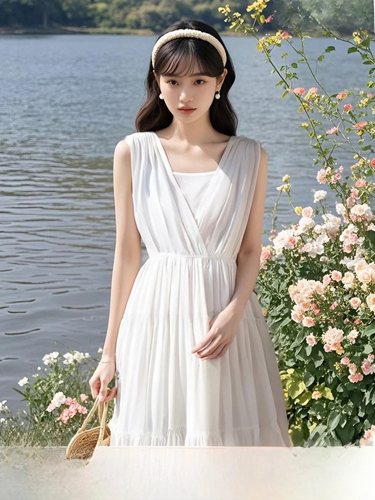 Elegant White V-neck Sleeveless Cotton Dress Women's Summer New Style Vacation Atmosphere Pure Cotton Midi Dress
Elegant White V-neck Sleeveless Cotton Dress Women's Summer New Style Vacation Atmosphere Pure Cotton Midi Dress