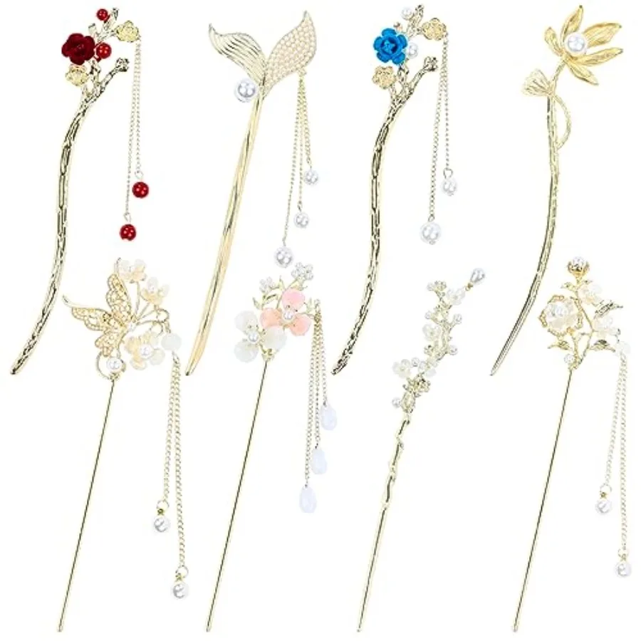 8 Pieces Retro Vintage Asian Japanese Chinese Hanfu Gold Metal Flower Hair Sticks with Pearl Pendants Fishtail Lotus Butterfly
8 Pieces Retro Vintage Asian Japanese Chinese Hanfu Gold Metal Flower Hair Sticks with Pearl Pendants Fishtail Lotus Butterfly