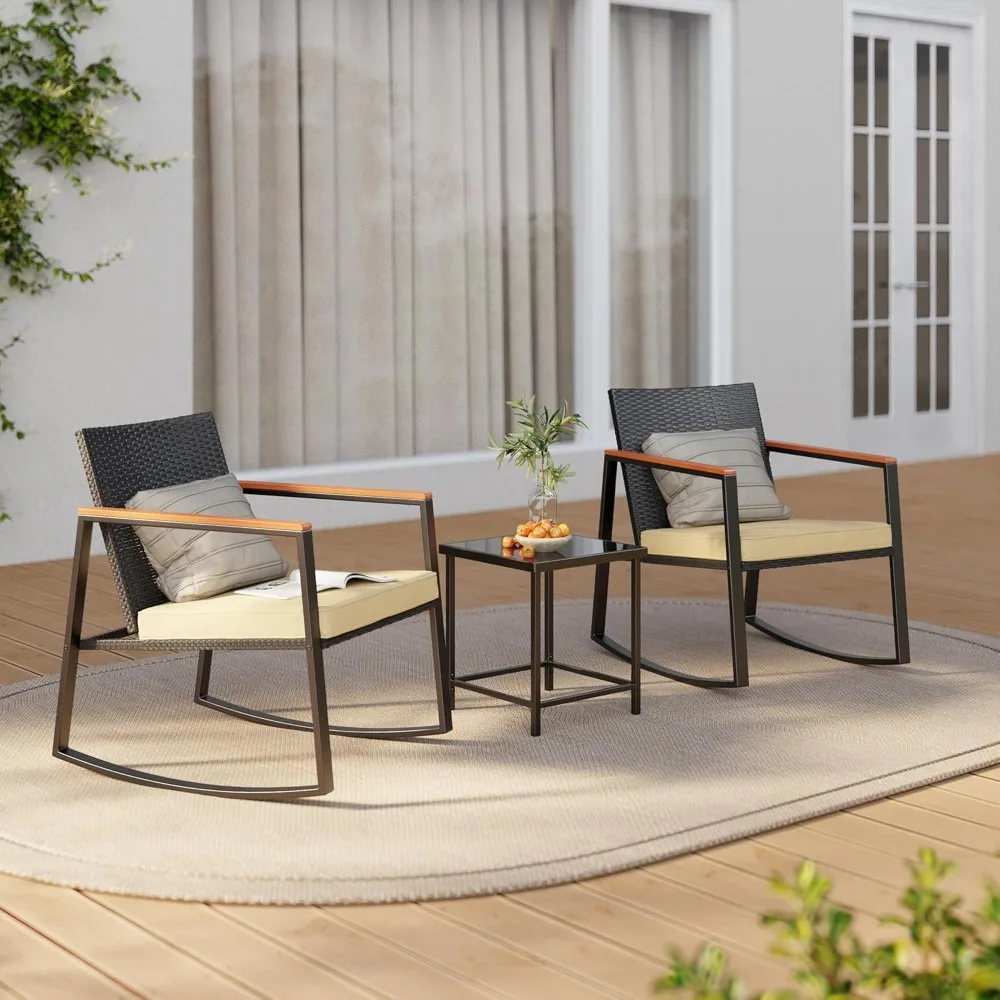 3 Pieces Rocking Patio Bistro Set with Anti-Scald Armrest, Outdoor Patio Wicker Furniture Set with Glass Table and Cushion
3 Pieces Rocking Patio Bistro Set with Anti-Scald Armrest, Outdoor Patio Wicker Furniture Set with Glass Table and Cushion