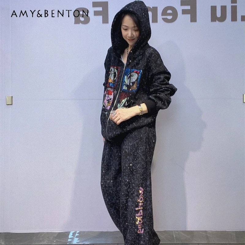 Autumn Winter Rhinestone Casual Straight Pants Sportswear Two-Piece Set Hooded Zipper Cardigan Oversized Sweatshirt Suit Ladies
Autumn Winter Rhinestone Casual Straight Pants Sportswear Two-Piece Set Hooded Zipper Cardigan Oversized Sweatshirt Suit Ladies