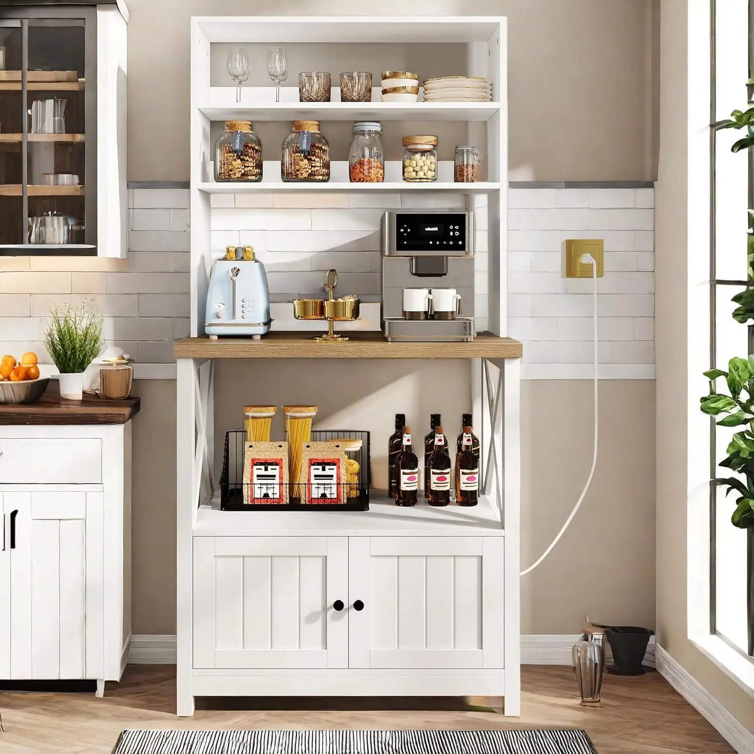 White Baker Rack with Power Outlet and Storage, Farmhouse Microwave Stand with Door for Kitchen, 5-Tiers Tall Coffee Bar Station
White Baker Rack with Power Outlet and Storage, Farmhouse Microwave Stand with Door for Kitchen, 5-Tiers Tall Coffee Bar Station