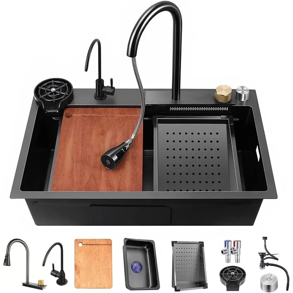 29.5x17.7 Black Nano Single Bowl 304 Stainless Steel Waterfall Kitchen Sink With Pull Out Faucet Multifunctional Top Loading Workstation Sink
29.5x17.7 Black Nano Single Bowl 304 Stainless Steel Waterfall Kitchen Sink With Pull Out Faucet Multifunctional Top Loading Workstation Sink