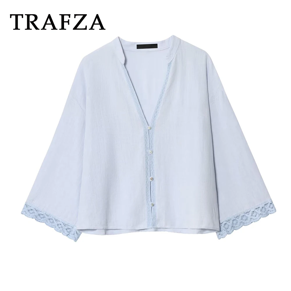 TRAFZA 2025 Chic Blue Casual Women Solid Lace Shirt V-Neck Single Breasted Streetwear Loose Bloose Fashion Elegant Female Shirts
TRAFZA 2025 Chic Blue Casual Women Solid Lace Shirt V-Neck Single Breasted Streetwear Loose Bloose Fashion Elegant Female Shirts