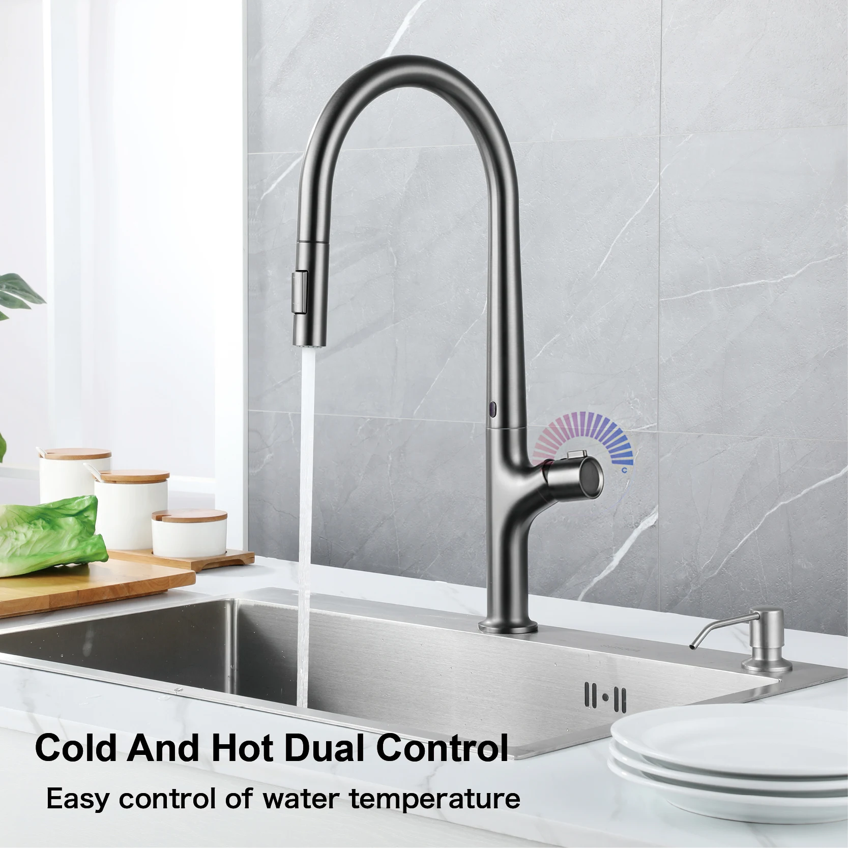 Modern style gun black pull-out kitchen faucet with 1 handle for hot cold water intelligent sensing and 2 functions for sink Tap
Modern style gun black pull-out kitchen faucet with 1 handle for hot cold water intelligent sensing and 2 functions for sink Tap
